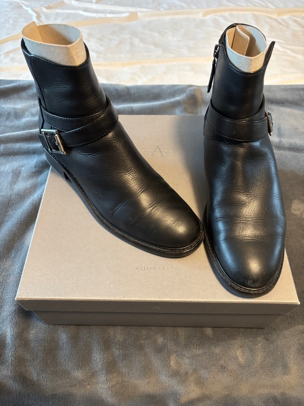 Aquatalia Black Leather Buckle Ankle Boots
